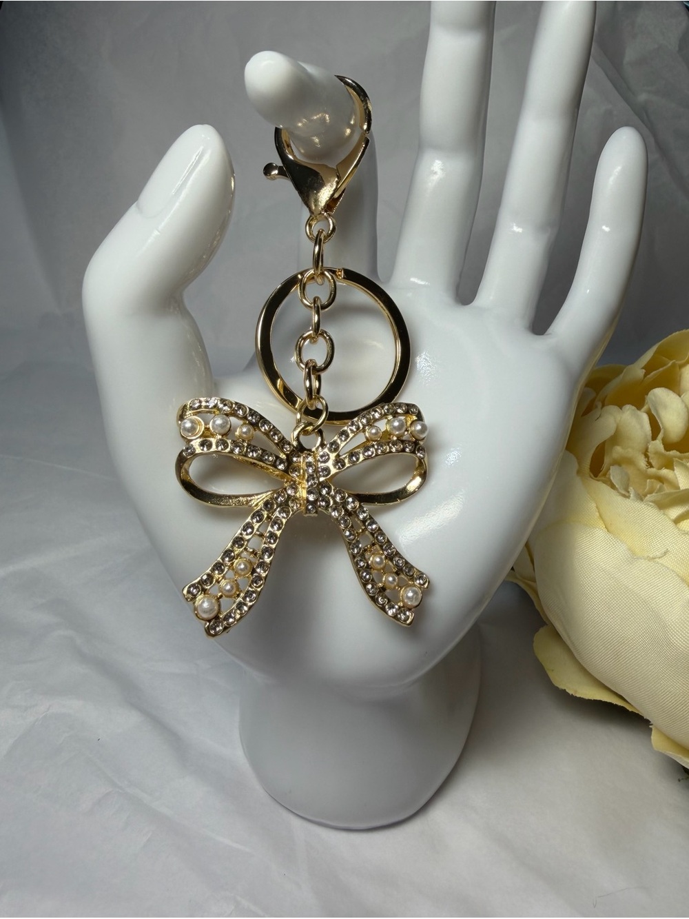 Gold Bow Crystal & Pearl Keyring Charm - Women's Accessory